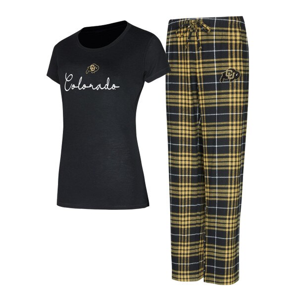 This is a 2 piece pajama set. The pants are black and gold plaid. The top is black with white cursive scrip across the front. The buffalo logos on the top and pants are black and gold.